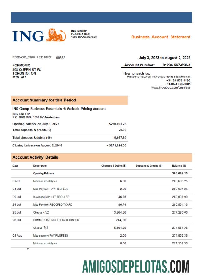 Baixável ING Group empresa bancária extrato de conta modelo Word e PDF